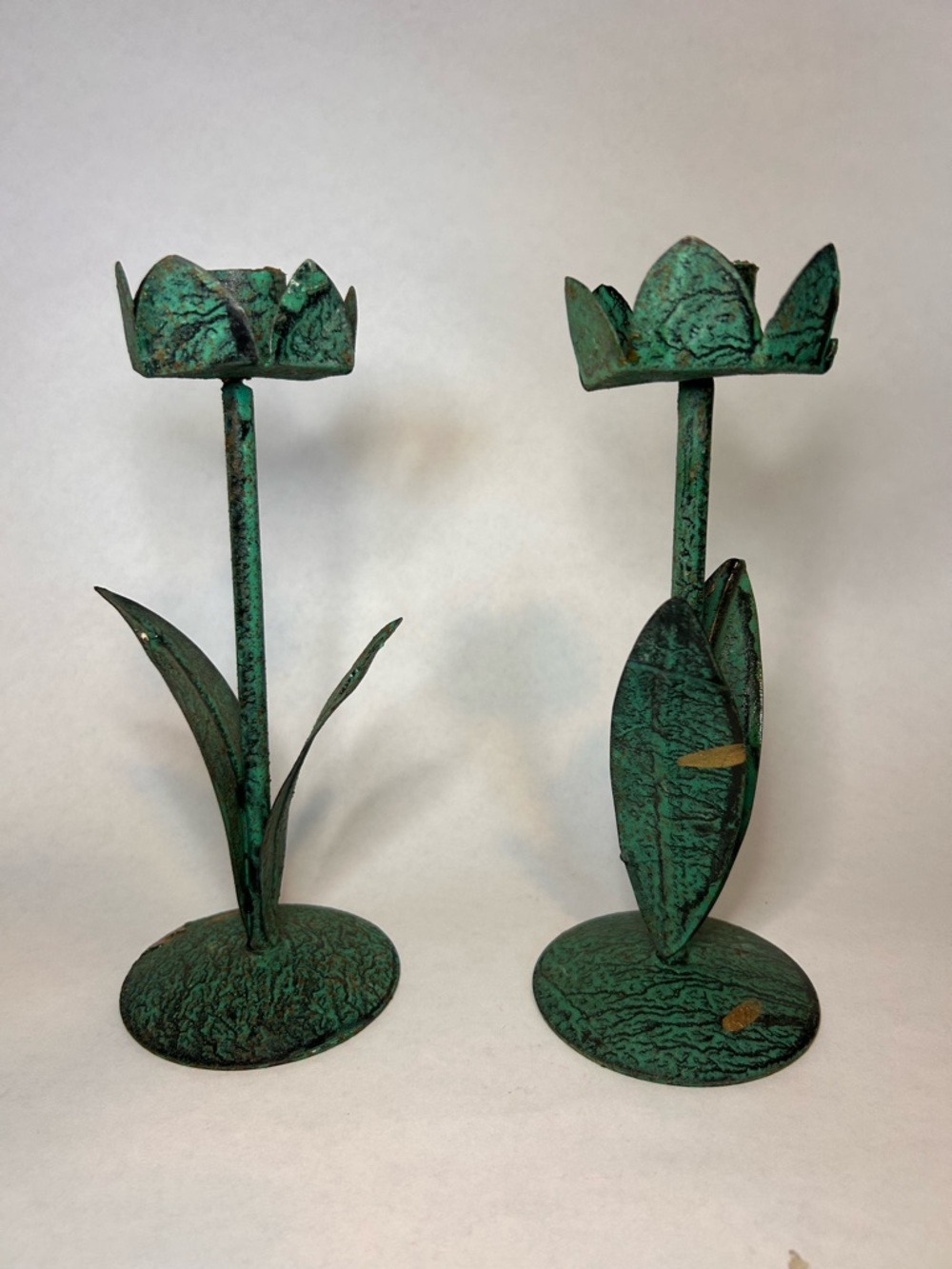 2 Metal Candlestick Candle Holders Garden Tulip Flowers India Rustic Cottage